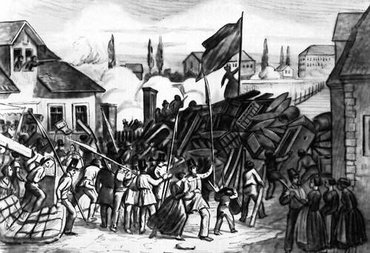  Баррикада в Мангейме. 1848 г. Гравюра XIX в.